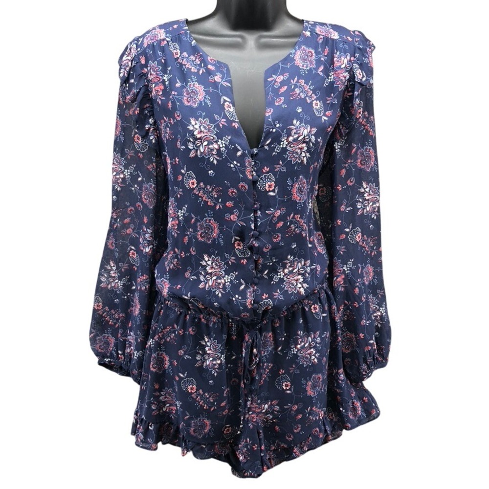 Joie Floral Silk Romper Womens Medium Navy Blue V-Neck Long Sleeve 18-1-001402